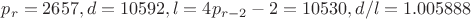 $p_r=2657, d=10592, l=4p_{r-2}-2=10530, d/l=1.005888$