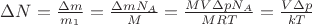 $\Delta N = \frac {\Delta m}{m_1} = \frac {\Delta mN_A}{M} = \frac{MV\Delta pN_A}{MRT} = \frac{V\Delta p}{kT}$ $\Delta N = \frac {\Delta m}{m_1} = \frac {\Delta mN_A}{M} = \frac{MV\Delta pN_A}{MRT} = \frac{V\Delta p}{kT}$