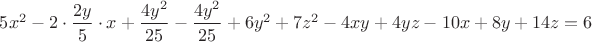 $5x^2-2\cdot \dfrac{2y}{5}\cdot x+\dfrac{4y^2}{25}-\dfrac{4y^2}{25}+6y^2+7z^2-4xy+4yz-10x+8y+14z=6$