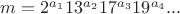 $m=2^{a_1}13^{a_2}17^{a_3}19^{a_4}...$