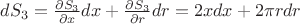 $dS_3= \frac {\partial S_3}{\partial x}dx+\frac {\partial S_3}{\partial r}dr=2xdx+2\pi rdr$