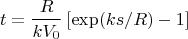 $$t=\frac{R}{kV_0}\left[\exp(ks/R)-1\right]$$