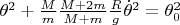 $\theta^2+\frac{M}{m}\frac{M+2m}{M+m}\frac{R}{g}\dot{\theta}^2=\theta_0^2$