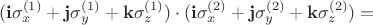 $$(\mathbf{i}\sigma_x^{(1)}+\mathbf{j}\sigma_y^{(1)}+\mathbf{k}\sigma_z^{(1)})\cdot(\mathbf{i}\sigma_x^{(2)}+\mathbf{j}\sigma_y^{(2)}+\mathbf{k}\sigma_z^{(2)})=$$