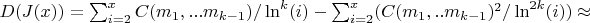 $D(J(x))=\sum_{i = 2}^{x}{C(m_1,...m_{k-1})/\ln^k(i)}-\sum_{i = 2}^{x}(C(m_1,..m_{k-1})^2/\ln^{2k}(i)) \approx $