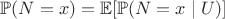 $\mathbb{P}(N=x) = \mathbb{E}[\mathbb{P}(N=x\mid U)]$