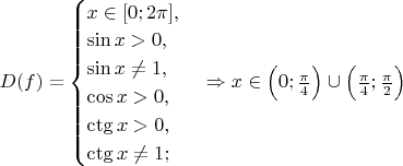 $D(f) =
\begin{cases}
 x \in [0; 2\pi], \\
 \sin x > 0,  \\
 \sin x \ne 1, \\
 \cos x >0, \\
 \ctg x >0, \\
 \ctg x \ne 1;
\end{cases} \Rightarrow x \in \Big( 0; \frac{\pi}{4} \Big) \cup \Big( \frac{\pi}{4}; \frac{\pi}{2} \Big)$