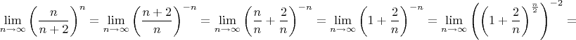 $$\lim\limits_{n\to\infty}\left(\frac{n}{n+2}\right)^n=\lim\limits_{n\to\infty}\left(\frac{n+2}{n}\right)^{-n}=\lim\limits_{n\to\infty}\left(\frac{n}{n}+\frac{2}{n}\right)^{-n}=\lim\limits_{n\to\infty}\left(1+\frac{2}{n}\right)^{-n}=\lim\limits_{n\to\infty}\left(\left(1+\frac{2}{n}\right)^{\frac{n}{2}}\right)^{-2}=$$