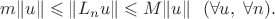 $m\|u\|\leqslant\|L_nu\|\leqslant M\|u\|\ \ (\forall u,\;\forall n).$