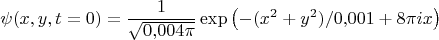 $$\psi(x,y,t=0) = \frac1{\sqrt{0{,}004\pi}}\exp\left(-(x^2 + y^2)/0{,}001 + 8\pi ix\right)$$