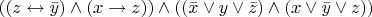 $((z\leftrightarrow\bar{y})\wedge(x\rightarrow z))\wedge((\bar{x}\vee y\vee\bar{z})\wedge(x\vee\bar{y}\vee z))$