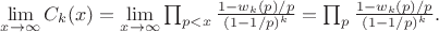 $\lim \limits_{x \to \infty} { C_k(x)}=\lim \limits_{x \to \infty} { \prod_{p<x} \frac {1-w_k(p)/p} {(1-1/p)^k}}=\prod_{p} \frac {1-w_k(p)/p} {(1-1/p)^k}.$