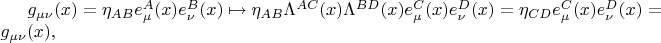$g_{\mu\nu}(x)=\eta_{AB}e_\mu^A(x) e_\nu^B(x)\mapsto \eta_{AB}\Lambda^{AC}(x)\Lambda^{BD}(x)e_\mu^C(x)e_\nu^D(x)=\eta_{CD} e_\mu^C(x)e_\nu^D(x)=g_{\mu\nu}(x),$
