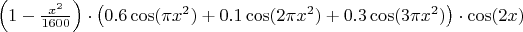 $ \left(1 - \frac{x^2}{1600}\right) \cdot \left(0.6\cos(\pi x^2) + 0.1\cos(2\pi x^2) + 0.3\cos(3\pi x^2)\right)  \cdot \cos(2x)$