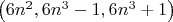 $\left(6n^2, 6n^3-1, 6n^3+1\right)$
