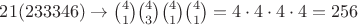 $21(233346) \to \binom{4}{1}\binom{4}{3}\binom{4}{1}\binom{4}{1}=4\cdot4\cdot4\cdot4=256$