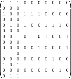 $
\begin{pmatrix}
1 & 1 & 1 & 0 & 0 & 0 & 0 & 0 & 0 & 0 & 0 & 0 & 0 \\
1 & 0 & 0 & 1 & 1 & 1 & 0 & 0 & 0 & 0 & 0 & 0 & 0 \\
0 & 1 & 0 & 1 & 0 & 0 & 1 & 1 & 1 & 0 & 0 & 0 & 0 \\
0 & 0 & 1 & 0 & 1 & 0 & 1 & 0 & 0 & 1 & 0 & 0 & 0 \\
0 & 0 & 0 & 0 & 0 & 1 & 0 & 0 & 0 & 1 & 1 & 1 & 0 \\
0 & 0 & 0 & 0 & 0 & 0 & 0 & 1 & 0 & 0 & 1 & 0 & 1 \\
0 & 0 & 0 & 0 & 0 & 0 & 0 & 0 & 1 & 0 & 0 & 1 & 1 
\end{pmatrix}
$
