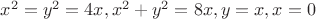 $x^2=y^2=4x, x^2+y^2=8x, y=x, x=0$