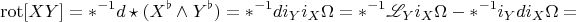 $$\operatorname{rot}[XY]=\ast^{-1}d\star(X^\flat\wedge Y^\flat)=\ast^{-1}d i_Y i_X\Omega=
\ast^{-1}\mathscr{L}_Y i_X\Omega - \ast^{-1}i_Y d i_X\Omega =$$