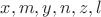 $x, m, y, n, z, l$