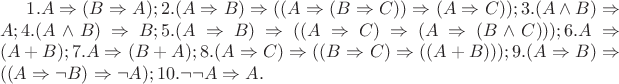$ 
        1. A\Rightarrow (B \Rightarrow A);
         2. (A \Rightarrow B) \Rightarrow ((A \Rightarrow (B \Rightarrow C)) \Rightarrow (A \Rightarrow C));
         3. (A \wedge B) \Rightarrow A;
         4. (A \wedge B) \Rightarrow B;
         5. (A \Rightarrow B) \Rightarrow((A \Rightarrow C) \Rightarrow (A \Rightarrow (B \wedge C)));
         6. A \Rightarrow (A+B);
         7. A \Rightarrow (B+A);
         8. (A \Rightarrow C) \Rightarrow ((B \Rightarrow C ) \Rightarrow((A+B)\RightarrowC));
         9. (A \Rightarrow B) \Rightarrow ((A \Rightarrow \neg B) \Rightarrow \neg A);
         10. \neg \neg A \Rightarrow A.
$
