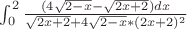 $\int_{0}^{2}\frac{(4\sqrt{2-x}-\sqrt{2x+2})dx}{\sqrt{2x+2}+4\sqrt{2-x}*(2x+2)^{2}}$