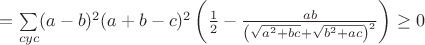 $=\sum\limits_{cyc}(a-b)^2(a+b-c)^2\left(\frac{1}{2}-\frac{ab}{\left(\sqrt{a^2+bc}+\sqrt{b^2+ac}\right)^2}\right)\geq0$