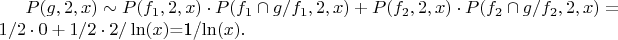 $P(g,2,x)\sim  P(f_1,2,x) \cdot P(f_1\cap g/f_1,2,x)+P(f_2,2,x) \cdot P(f_2\cap g/f_2,2,x)=1/2 \cdot 0+1/2 \cdot 2/ \ln(x)$=1/\ln(x).