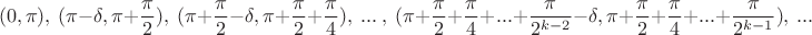 $$(0, \pi), \ (\pi - \delta, \pi + \frac{\pi}{2}), \ (\pi + \frac{\pi}{2} - \delta, \pi + \frac{\pi}{2} + \frac{\pi}{4}), \ ... \ , \ (\pi + \frac{\pi}{2} + \frac{\pi}{4} + ... + \frac{\pi}{2^{k-2}} - \delta, \pi + \frac{\pi}{2} + \frac{\pi}{4} + ... + \frac{\pi}{2^{k-1}}), \ ...  $$