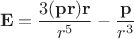 $$\mathbf{E}=\frac{3(\mathbf{p}\mathbf{r})\mathbf{r}}{r^5}-\frac{\mathbf{p}}{r^3}$$