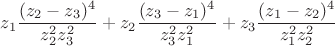 $$
z_1\frac{(z_2-z_3)^4}{z_2^2z_3^2} + z_2\frac{(z_3-z_1)^4}{z_3^2z_1^2} + z_3\frac{(z_1-z_2)^4}{z_1^2z_2^2}
$$