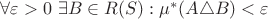 $\forall \varepsilon > 0\ \exists B \in R(S): \mu^{*} (A \triangle B) < \varepsilon $