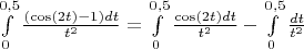 $\int\limits_{0}^{0,5}\frac{(\cos(2t)-1)dt}{t^2}=\int\limits_{0}^{0,5}\frac{\cos(2t)dt}{t^2}-\int\limits_{0}^{0,5}\frac{dt}{t^2}$