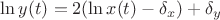 $\ln y(t)=2(\ln x(t)-\delta_x)+\delta_y$