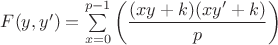 $F(y,y')=\sum \limits_{x=0}^{p-1}\left(\dfrac{(xy+k)(xy'+k)}{p}\right)$
