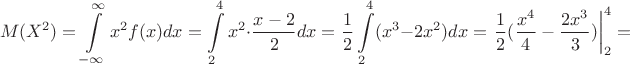 $$M(X^2)=\int\limits_{-\infty}^{\infty}x^2f(x)dx=\int\limits_{2}^{4}x^2\cdot \dfrac{x-2}{2}dx=
\dfrac{1}2\int\limits_{2}^{4}(x^3-2x^2)dx=\left.\dfrac{1}{2}(\dfrac{x^4}{4}-\dfrac{2x^3}{3})\right|_{2}^4=$$
