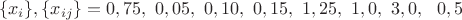 $$\{x_i\},\{x_{ij}\}=0,75,\ 0,05,\ 0,10,\ 0,15,\ 1,25,\ 1,0,\ 3,0,\ \
0,5$$
