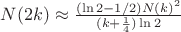 $N(2k)\approx \frac{(\ln 2 -1/2)N(k)^2}{(k+\frac 14)\ln 2}$