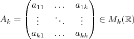 $$A_k = \begin{pmatrix} a_{11} & \dots & a_{1k} \\ \vdots & \ddots & \vdots \\ a_{k1} & \dots & a_{kk} \end{pmatrix} \in M_k(\mathbb{R})$$