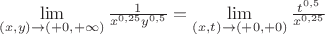 $\lim\limits_{(x,y)\to(+0,+\infty)}\frac{1}{x^{0,25}y^{0,5}}=\lim\limits_{(x,t)\to(+0,+0)}\frac{t^{0,5}}{x^{0,25}}$
