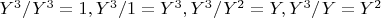 $Y^3/Y^3=1, Y^3 /1=Y^3,   Y^3/Y^2=Y,  Y^3/Y=Y^2 $