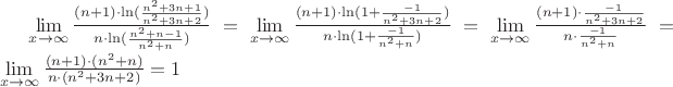 $\lim\limits_{x\to\infty}\frac{(n+1)\cdot\ln(\frac{n^2+3n+1}{n^2+3n+2})}{n\cdot\ln(\frac{n^2+n-1}{n^2+n})} = \lim\limits_{x\to\infty}\frac{(n+1)\cdot\ln(1+\frac{-1}{n^2+3n+2})}{n\cdot\ln(1+\frac{-1}{n^2+n})} = \lim\limits_{x\to\infty}\frac{(n+1)\cdot\frac{-1}{n^2+3n+2}}{n\cdot\frac{-1}{n^2+n}} = \lim\limits_{x\to\infty}\frac{(n+1)\cdot(n^2+n)}{n\cdot(n^2+3n+2)} = 1$