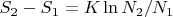 $ S_2 - S_1 = K \ln{N_2 / N_1}$