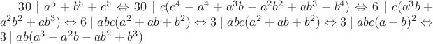 $30 \mid a^5+b^5+c^5 \Leftrightarrow 30 \mid c(c^4-a^4+a^3 b-a^2 b^2 +a b^3 - b^4) \Leftrightarrow  6 \mid c(a^3 b+a^2 b^2+a b^3) \Leftrightarrow 6 \mid a b c (a^2+a b +b^2) \Leftrightarrow 3 \mid a b c (a^2+a b +b^2) \Leftrightarrow 3 \mid a b c (a-b)^2 \Leftrightarrow 3 \mid a b (a^3-a^2 b -a b^2+b^3) $