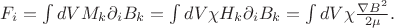 $F_i=\int dV M_k \partial_i B_k=\int dV \chi H_k \partial_i B_k=\int dV \chi \frac{\nabla B^2}{2\mu}.$