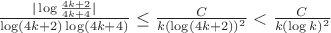 $\frac{|\log\frac{4k+2}{4k+4}|}{\log(4k+2)\log(4k+4)}\le\frac{C}{k(\log(4k+2))^2}<\frac{C}{k(\log{k})^2}$