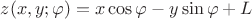 $z(x,y;\varphi)=x\cos\varphi-y\sin\varphi+L$ $z(x,y;\varphi)=x\cos\varphi-y\sin\varphi+L$