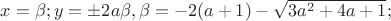 $x=\beta; y=\pm 2a \beta, \beta=-2(a+1)-\sqrt{3a^2+4a+1};$