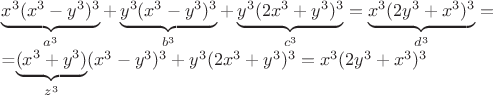$\underbrace{x^3(x^3-y^3)^3}\limits_{a^3}+\underbrace{y^3(x^3-y^3)^3}\limits_{b^3}+\underbrace{y^3(2x^3+y^3)^3}\limits_{c^3}=\underbrace{x^3(2y^3+x^3)^3}\limits_{d^3} = 

=\underbrace{(x^3+y^3)}\limits_{z^3}(x^3-y^3)^3+y^3(2x^3+y^3)^3=x^3(2y^3+x^3)^3$