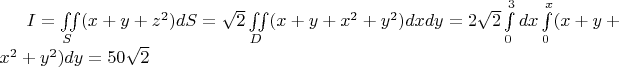 $I=\iint\limits_{S}^{}(x+y+z^2)dS=\sqrt{2}\iint\limits_{D}^{}(x+y+x^2+y^2)dxdy=2\sqrt{2}\int\limits_{0}^{3}dx\int\limits_{0}^{x}(x+y+x^2+y^2)dy=50\sqrt{2}$